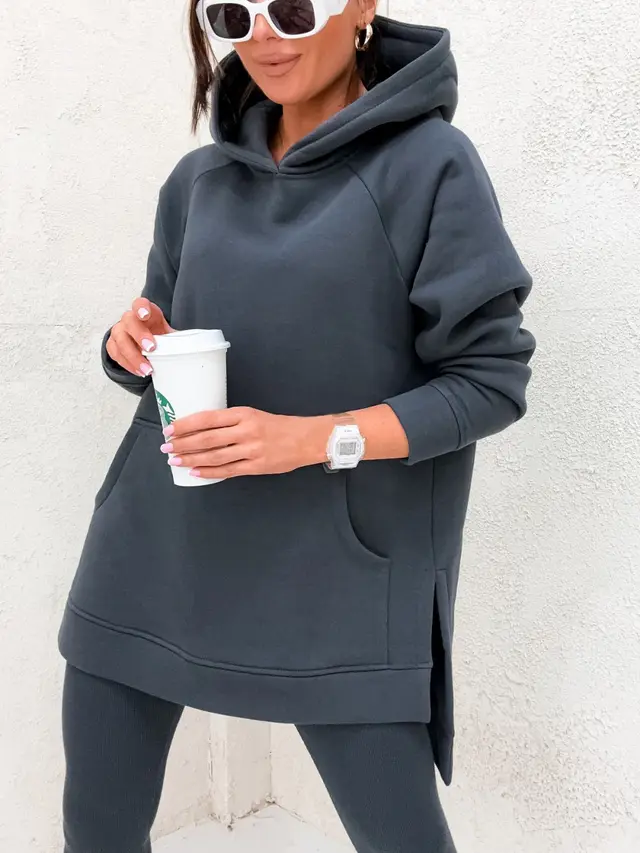 Women's Solid Color Hooded Casual Loose Sweater Graphite Color - Shop at LoveMi