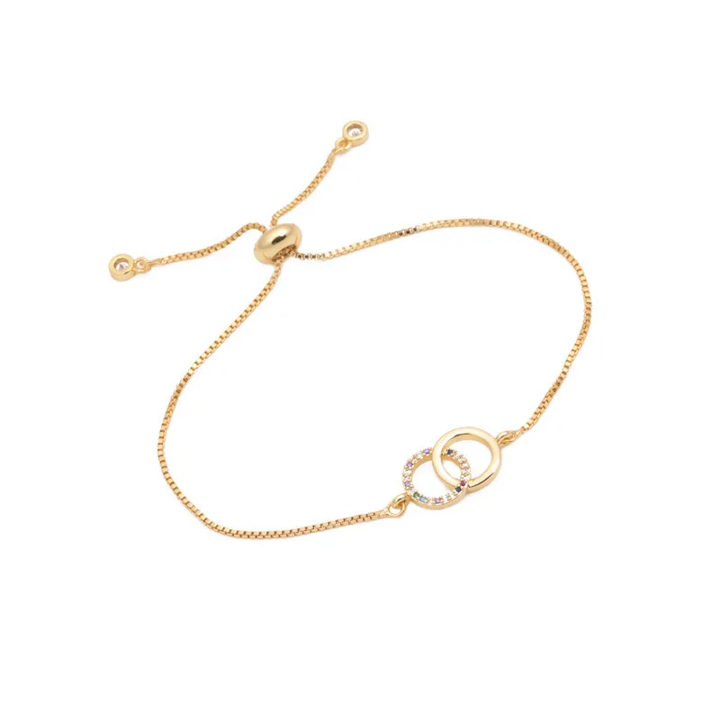 Women's Brass Gold-plated Double-ring Adjustable Bracelet - Gold