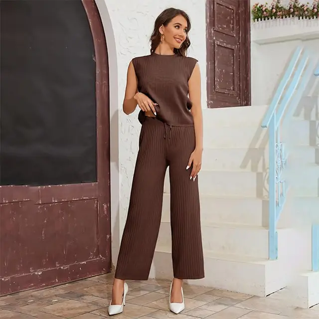 Women's Sweater Suit Sleeveless Top High waisted Trousers Brown - Shop at LoveMi