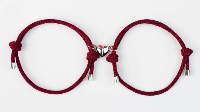 Magnetic Couple Bracelet Heart shaped Suction Milan Rope Hand woven Burgundy - Shop at LoveMi