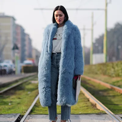 Autumn And Winter Thickening Imitation Fur Lapel Wool Coat Women Sky Blue - Shop at LoveMi