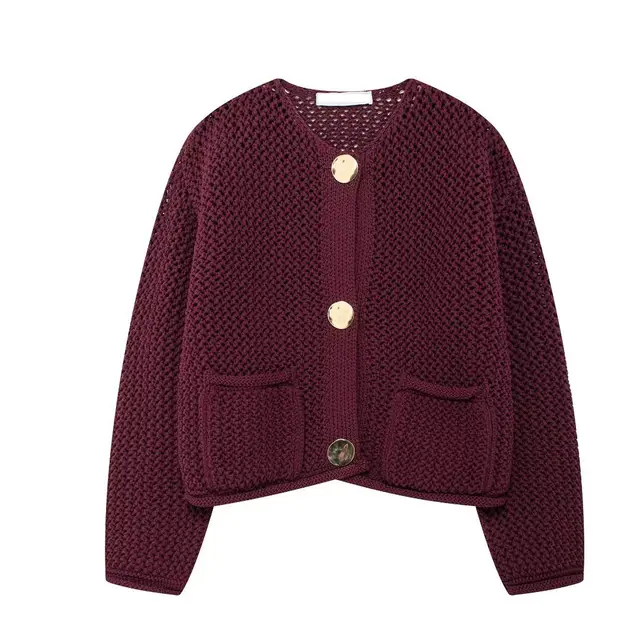 Women's Vintage Button Short Knitted Jacket Wine Red - Shop at LoveMi