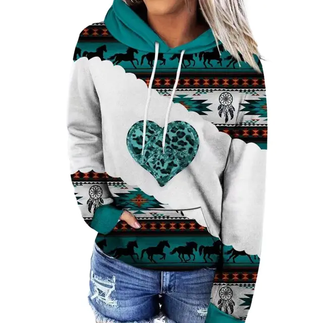 Women's Hooded Multicolor Printing Sports Pocket Drawstring 3D Retro Sweater Jhy234 - Shop at LoveMi