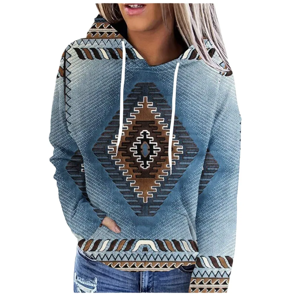 Women's Hooded Multicolour Printing Sports Pocket Drawstring 3D Retro Sweater - Jhy238 - View 1
