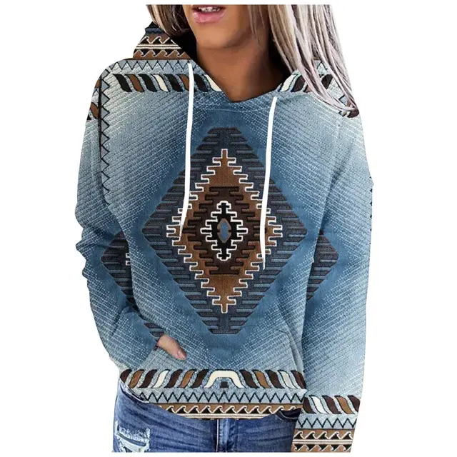 Women's Hooded Multicolor Printing Sports Pocket Drawstring 3D Retro Sweater Jhy238 - Shop at LoveMi