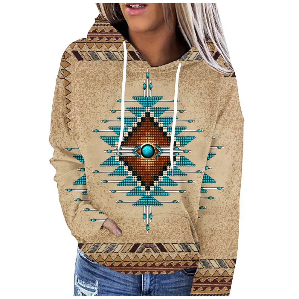 Women's Hooded Multicolor Printing Sports Pocket Drawstring 3D Retro Sweater - Jhy239 - View 1