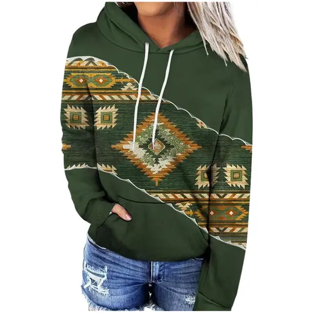 Women's Hooded Multicolor Printing Sports Pocket Drawstring 3D Retro Sweater Jhy244 - Shop at LoveMi