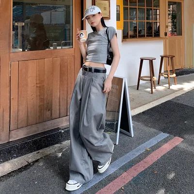 All matching Loose High Waist Slimming Drooping Straight Casual Pants Gray Trousers - Shop at LoveMi