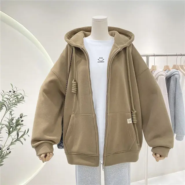 Women's White Fleece lined Cardigan Sweater Hooded Coat Khakiadd Velvet - Shop at LoveMi