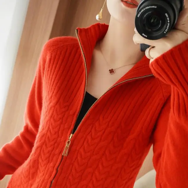 Zipper Sweater Coat Women's Knitted Cardigan Short Stand Collar Loose Red - Shop at LoveMi