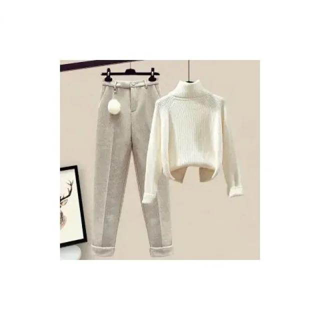 Women's Casual Sweater Haren Pants And Velvet Cotton Suit Set White Sweater Apricot Pants - Shop at LoveMi