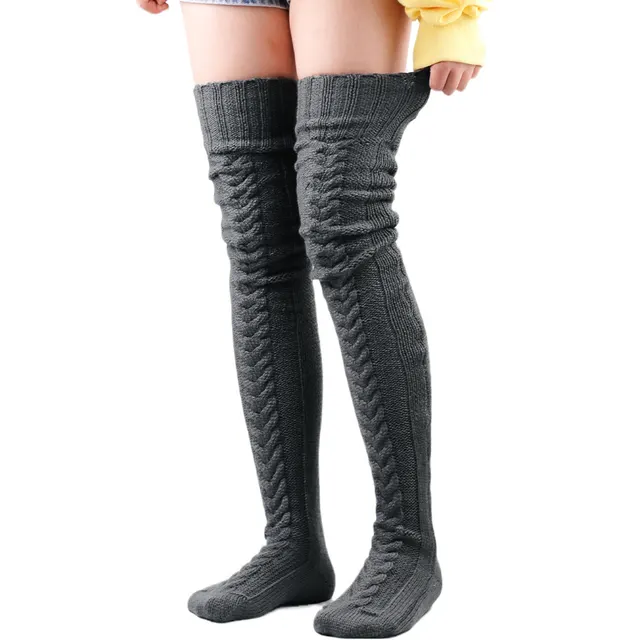 Solid Color Over Knee Stockings Bunching Socks Thick Dark Gray - Shop at LoveMi