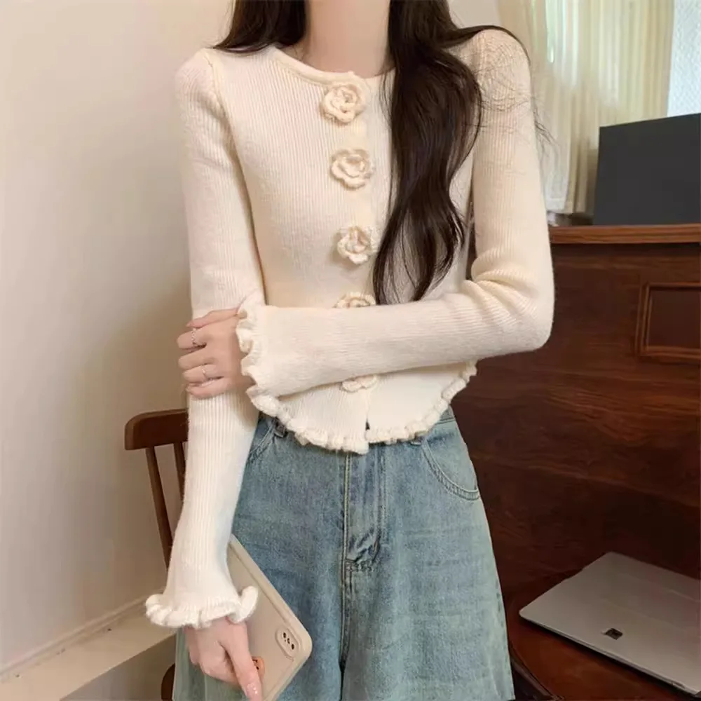 Women's Three dimensional Flower Long sleeved Sweater With Wooden Ear Apricot - Shop at LoveMi