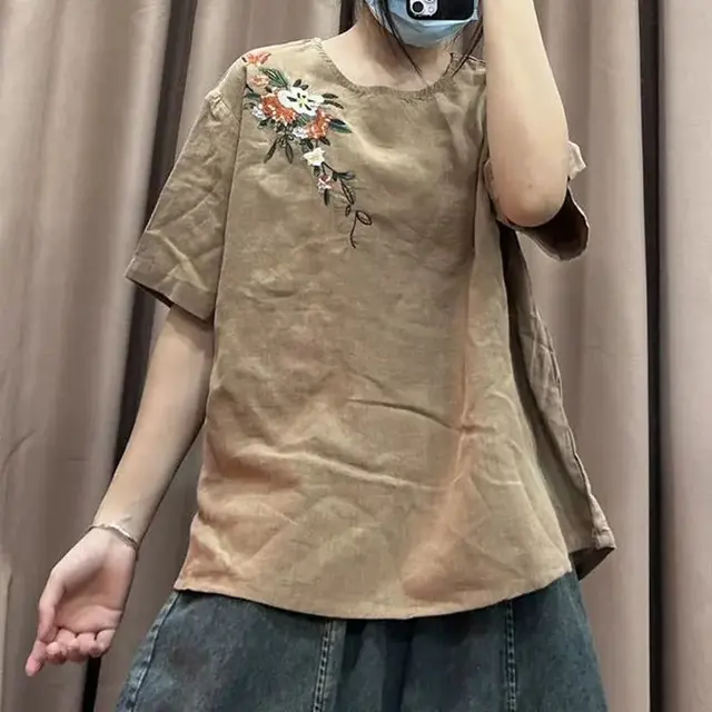 Women's Artistic Vintage Embroidery Linen Top Loose Pullover Khaki - Shop at LoveMi
