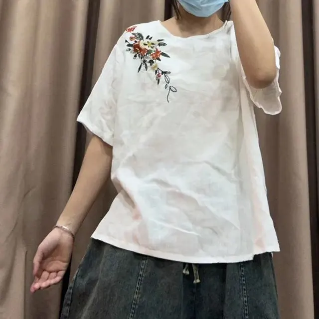 Women's Artistic Vintage Embroidery Linen Top Loose Pullover White - Shop at LoveMi