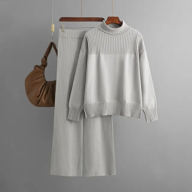 Women's Knitted Pullover Solid Color High Collar Loose Casual Autumn And Winter Sweater Two piece Set Gray - Shop at LoveMi