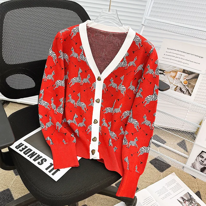 Red Western Style Zebra Jacquard V neck Long sleeved Coat For Women Red - Shop at LoveMi