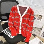 Red Western Style Zebra Jacquard V-neck Long-sleeved Coat For Women - Red
