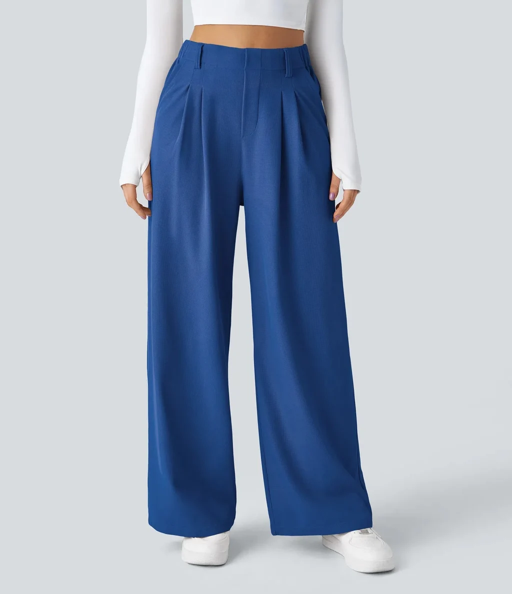 Elegant High Waist Wide Leg Straight Casual Pants - Navy Blue