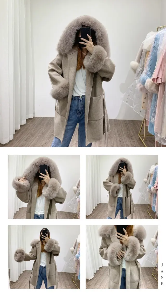 Hooded Reversible Cashmere Mid length Fox Fur Collar Woolen Coat Mixed Coffee - Shop at LoveMi
