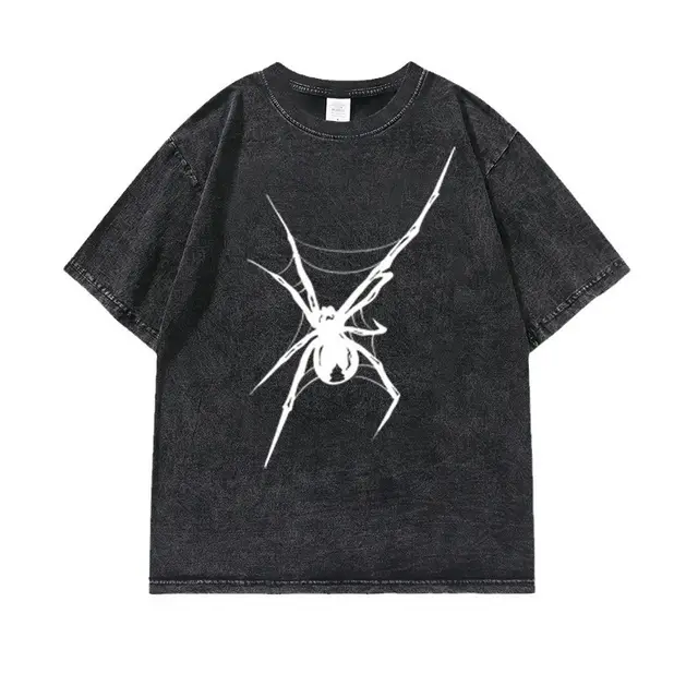 Washed Old Heavy Cotton T shirt Spider Print Black - Shop at LoveMi