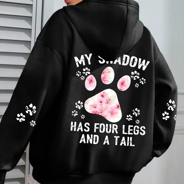 Paw Letter Print Hoodie Plus Size Casual Long Black - Shop at LoveMi