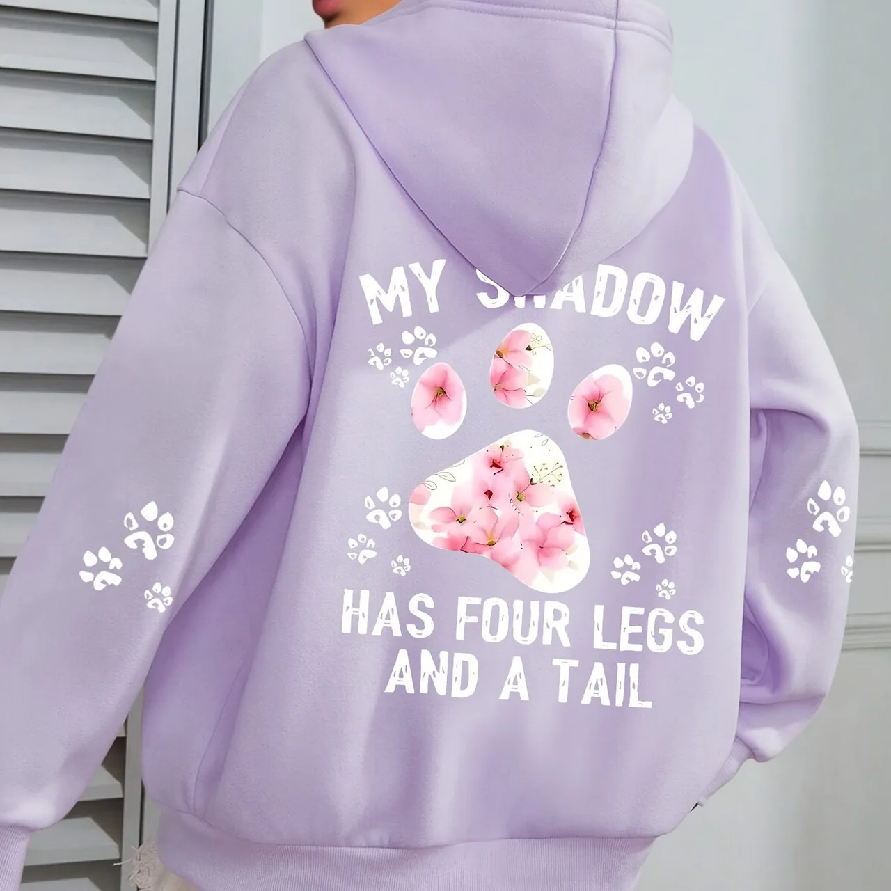 Paw Letter Print Hoodie Plus Size Casual Long - Light Purple