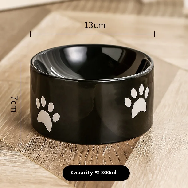 Drinking Water Neck Protection Pet Ceramic Oblique Mouth High Foot Food Basin Flat Mouth Cat'S Paw Black - Shop at LoveMi