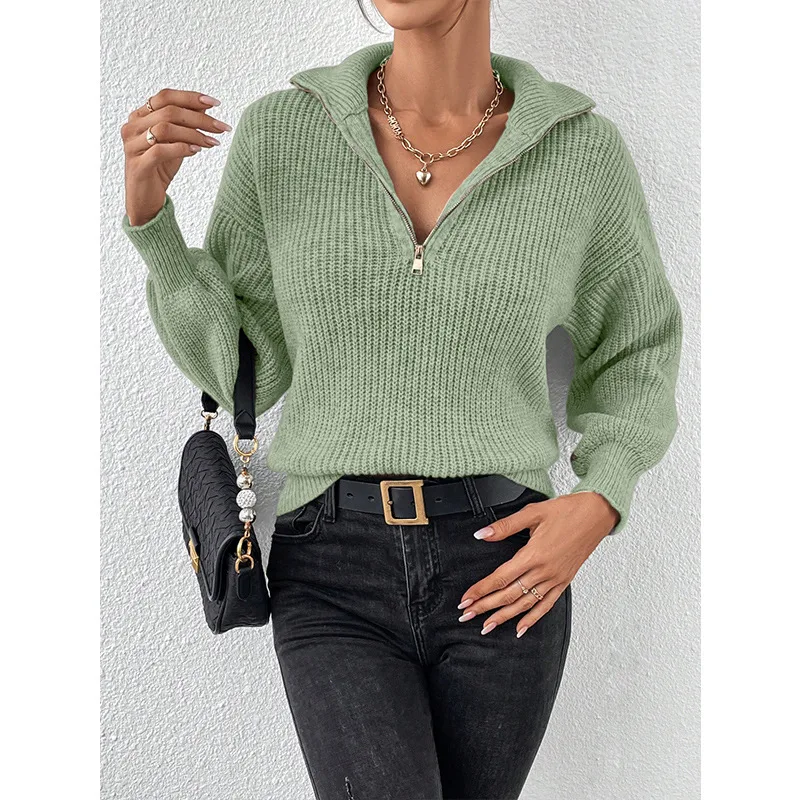 Women's Zipper Pullover Solid Color Loose Casual Long Sleeves Sweater Light Green - Shop at LoveMi
