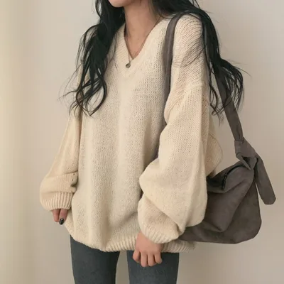 Women's V neck Solid Color Pullover Long Sleeve Sweater Milk Apricot - Shop at LoveMi