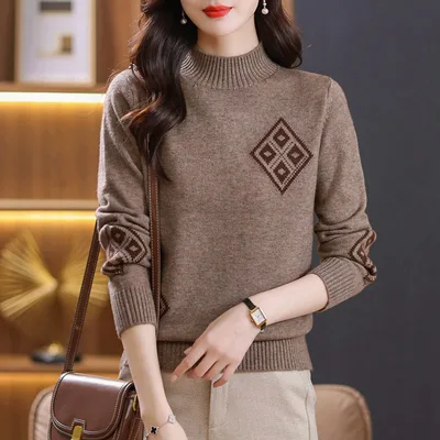 Winter Mock Neck Sweater Women's Western Style Top Plaid Colorblock Knitted Brown - Shop at LoveMi