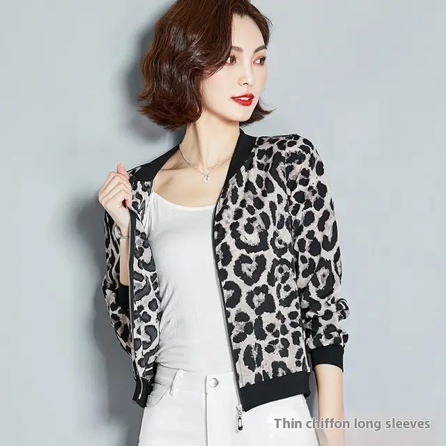 Chiffon Shirt Leopard Print Printed Sunscreen Air Conditioning Jacket Cardigan Gray Leopard Print - Shop at LoveMi