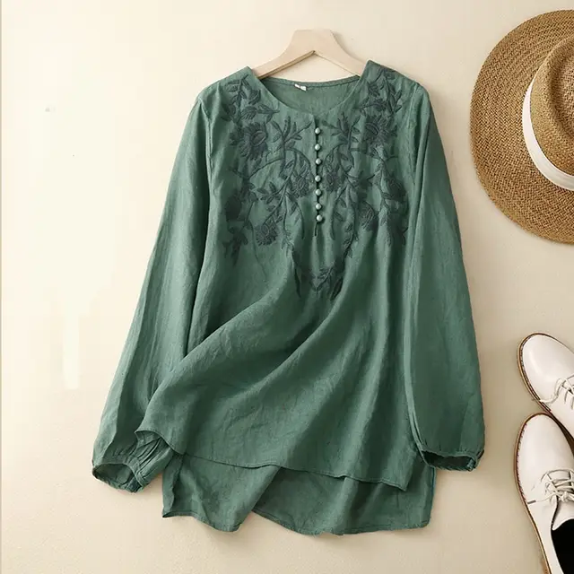 Embroidered Loose Artistic Vintage Women's Cotton Linen Shirt Army Green - Shop at LoveMi