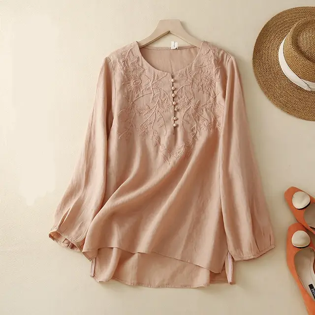 Embroidered Loose Artistic Vintage Women's Cotton Linen Shirt Orange Pink - Shop at LoveMi
