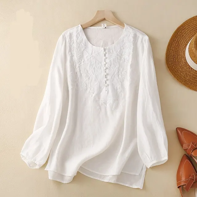 Embroidered Loose Artistic Vintage Women's Cotton Linen Shirt White - Shop at LoveMi