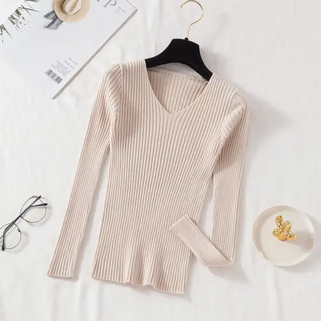 New V neck Long Sleeve Base Knitting Autumn All matching Slim Fit Tight Pullover Sweater Apricot - Shop at LoveMi
