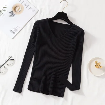 New V neck Long Sleeve Base Knitting Autumn All matching Slim Fit Tight Pullover Sweater Black - Shop at LoveMi