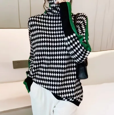 Plaid Jacquard Turtleneck Sweater Languid Base Knit Sweater For Women Checkered Green - Shop at LoveMi