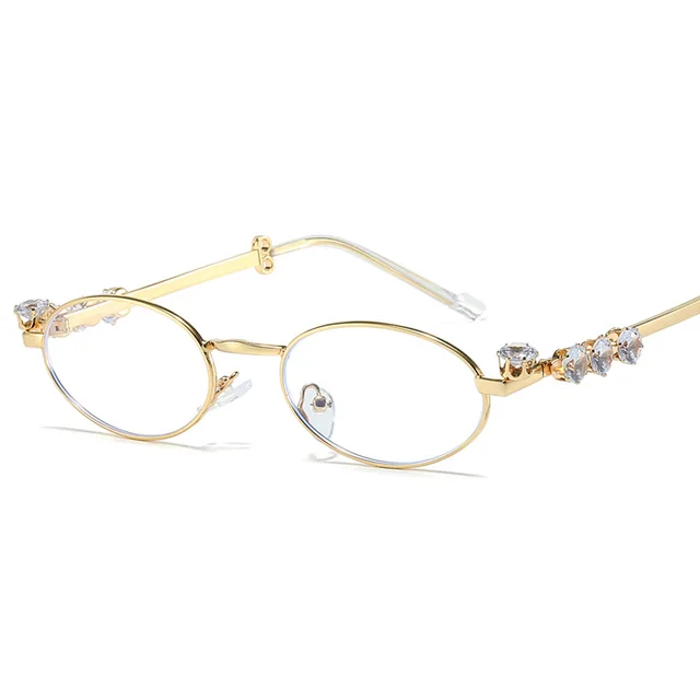 Diamond Decoration Oval Metal Sun Glasses Gold Transparent Lens - Shop at LoveMi