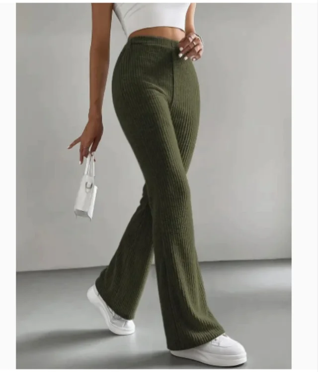 Women's Autumn Solid Color Rib Knit Bootcut Trousers Army Green - Shop at LoveMi