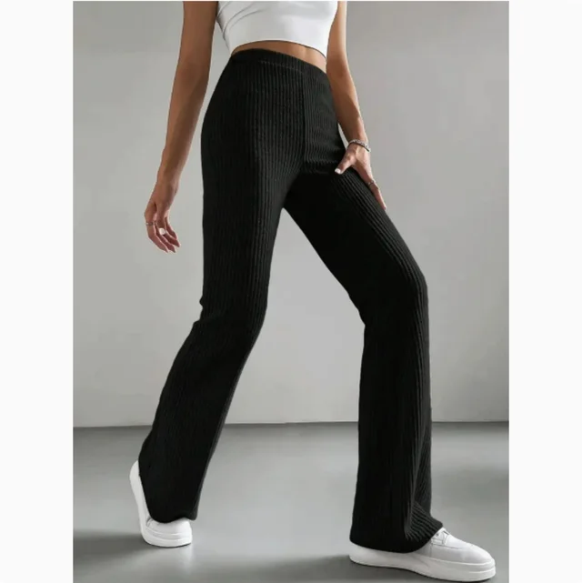 Women's Autumn Solid Color Rib Knit Bootcut Trousers Black - Shop at LoveMi