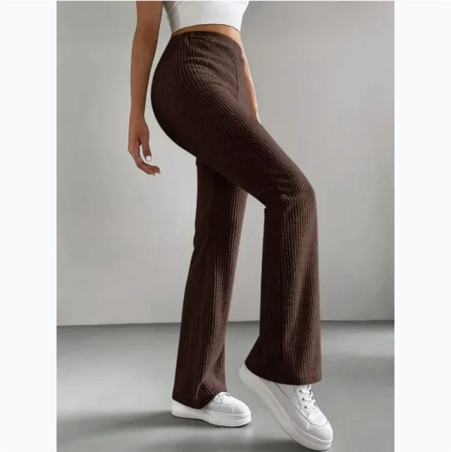Women's Autumn Solid Color Rib Knit Bootcut Trousers Coffee - Shop at LoveMi
