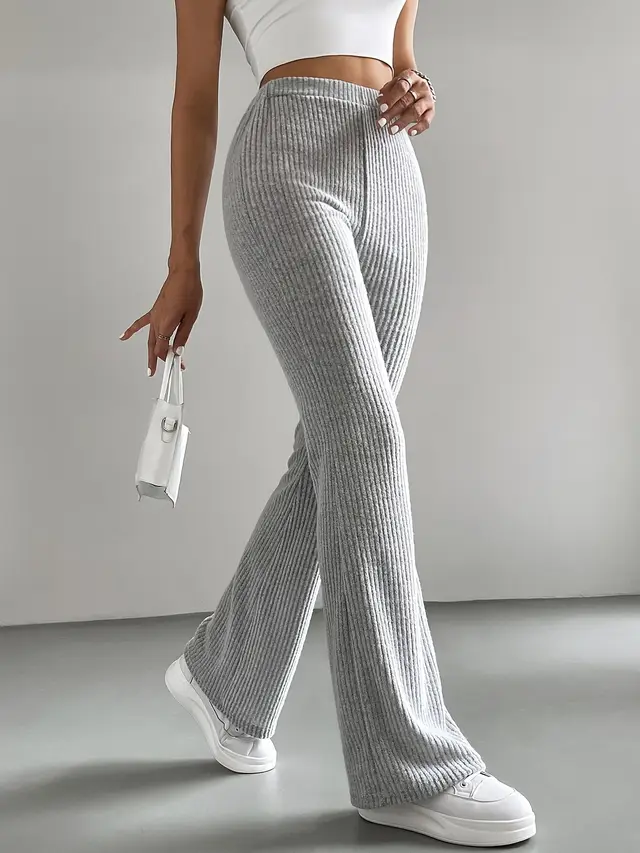 Women's Autumn Solid Color Rib Knit Bootcut Trousers Light Gray - Shop at LoveMi