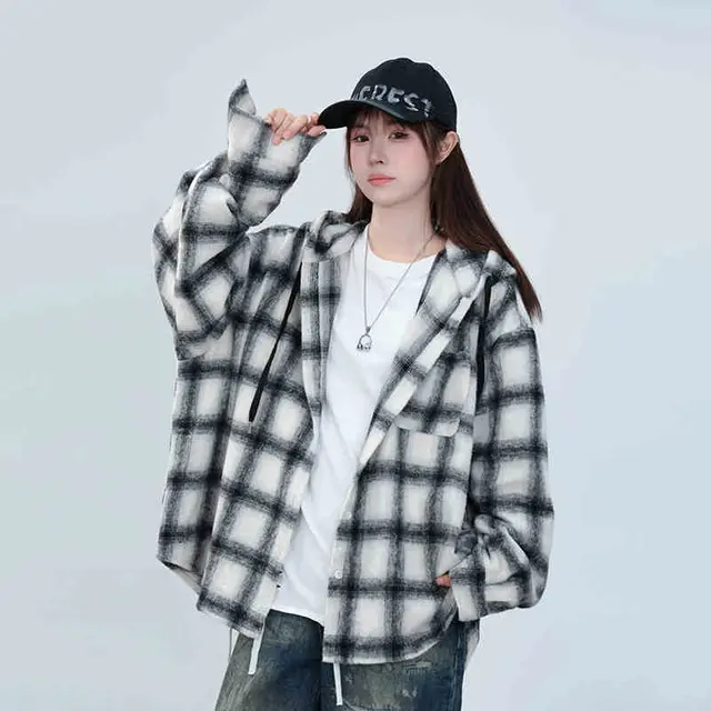 Plaid Hooded Shirt Coat Loose Mid length Casual Top Black White - Shop at LoveMi