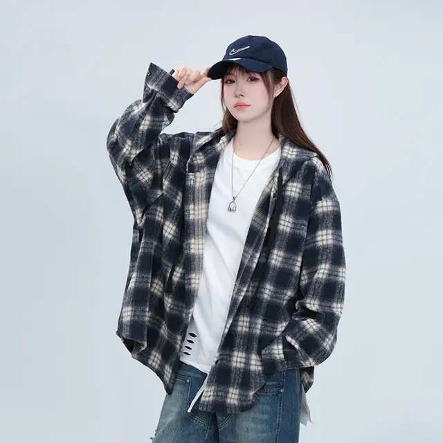 Plaid Hooded Shirt Coat Loose Mid length Casual Top Blue Black - Shop at LoveMi