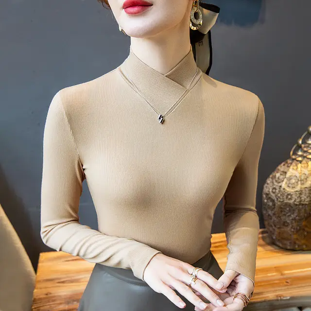 Cross Turtleneck Long Sleeve Slim Bottoming Shirt For Women Khaki - Shop at LoveMi