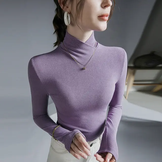 Cross Turtleneck Long Sleeve Slim Bottoming Shirt For Women Lilac Purple - Shop at LoveMi