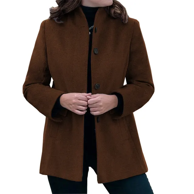 Autumn And Winter Simplicity Long Sleeve Lapel Button Slim fit Woolen Coat Women Brown - Shop at LoveMi