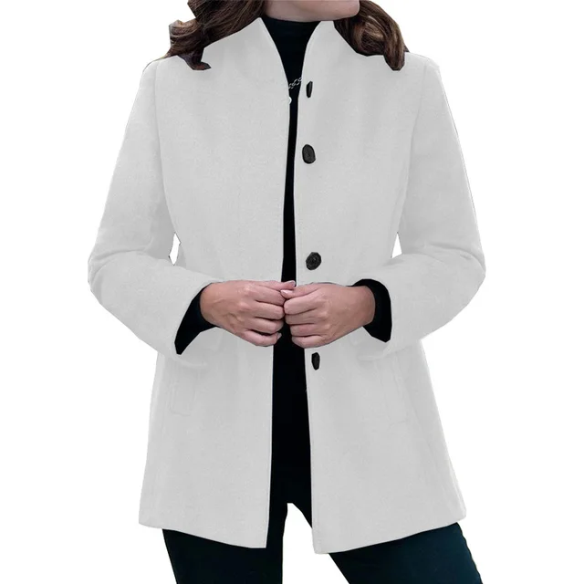 Autumn And Winter Simplicity Long Sleeve Lapel Button Slim fit Woolen Coat Women White - Shop at LoveMi