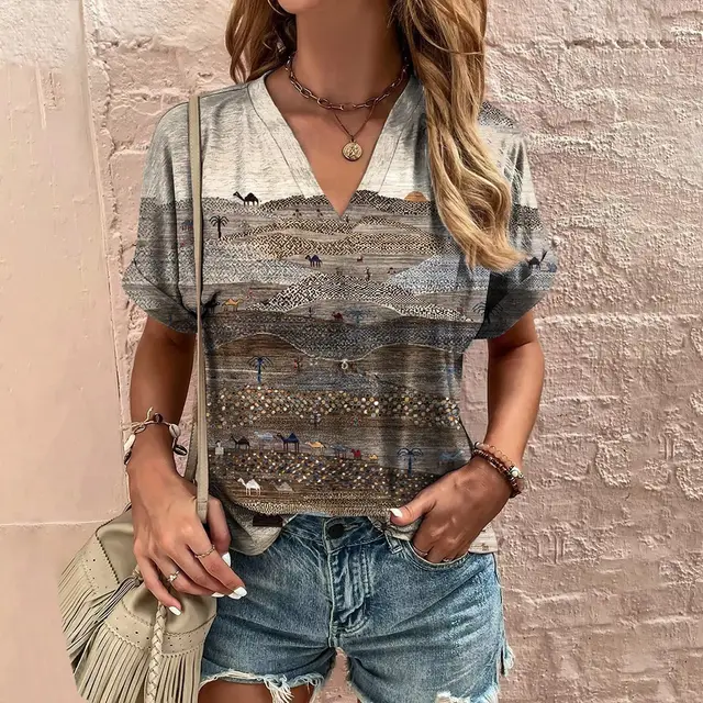 Female V neck Casual Harajuku Striped Printed T shirt 3W 5Zd7O - Shop at LoveMi